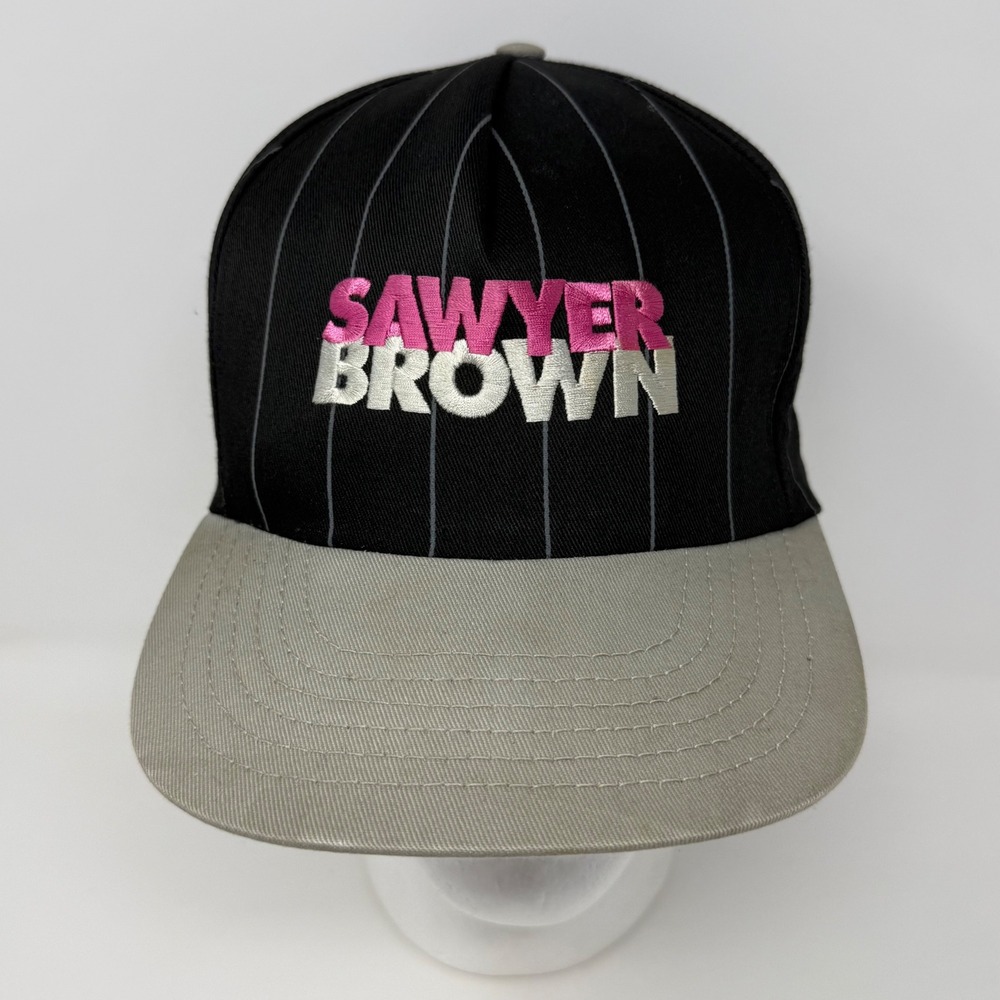 Vintage Sawyer Brown Snapback Hat Pinstripe Black Grey Country Music Band USA
